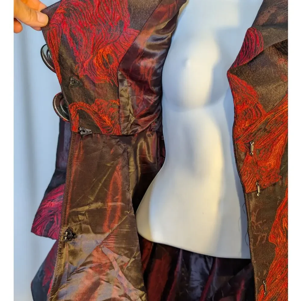 Vintage 80s Issabeau Girls Brocade Party Coat Dress Red Black Jacquard Fit Flare